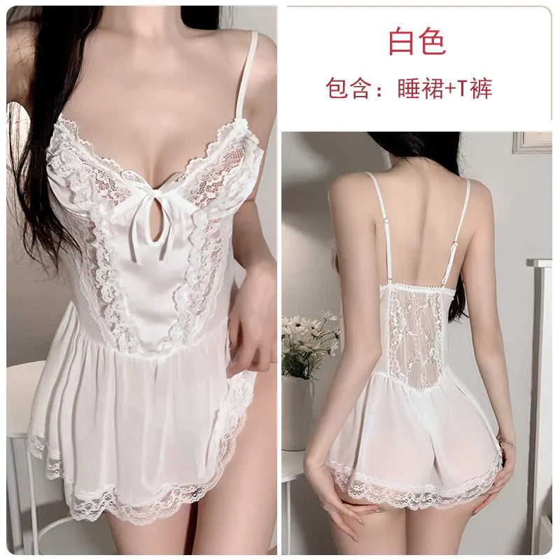 Lace and Mesh Deep V Nightgown and Robe Set 2216