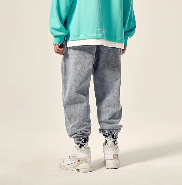 Men's Loose Wash Denim Joggers with Drawstring Detail