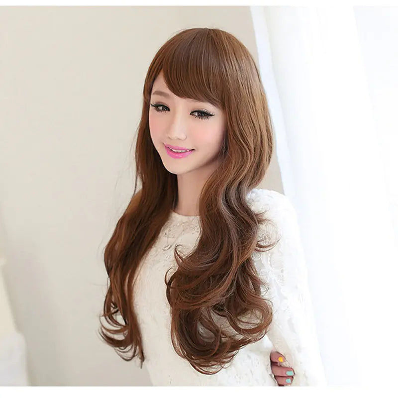 Long Wavy Synthetic Wig with Side Bangs for Women