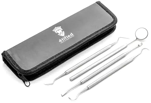 4tified Dental Tools Hygiene Kit 4 PCS French Stainless Steel Professional Teeth Cleaning Home Use Plaque Calculus Removal Tartar Scraper Scaler Fogless Mirror Dental Pick Vegan Leather case