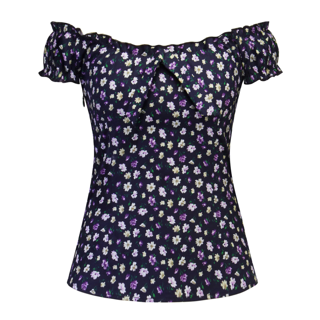 Sweet Ruffle Off-Shoulder Printed Slim Fit T-Shirt
