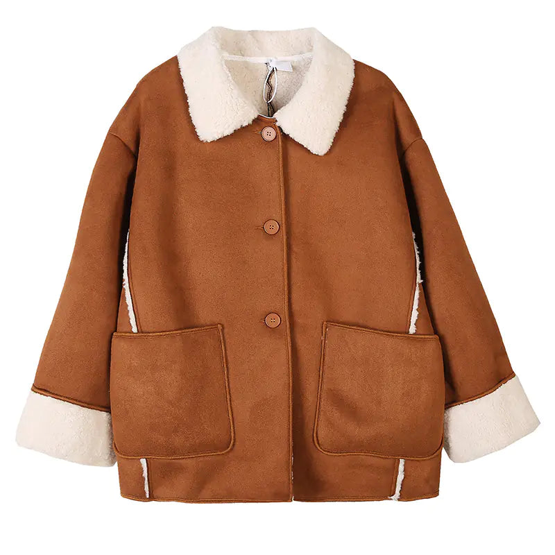 Winter Plus Size Women's Color Block Shearling Coat