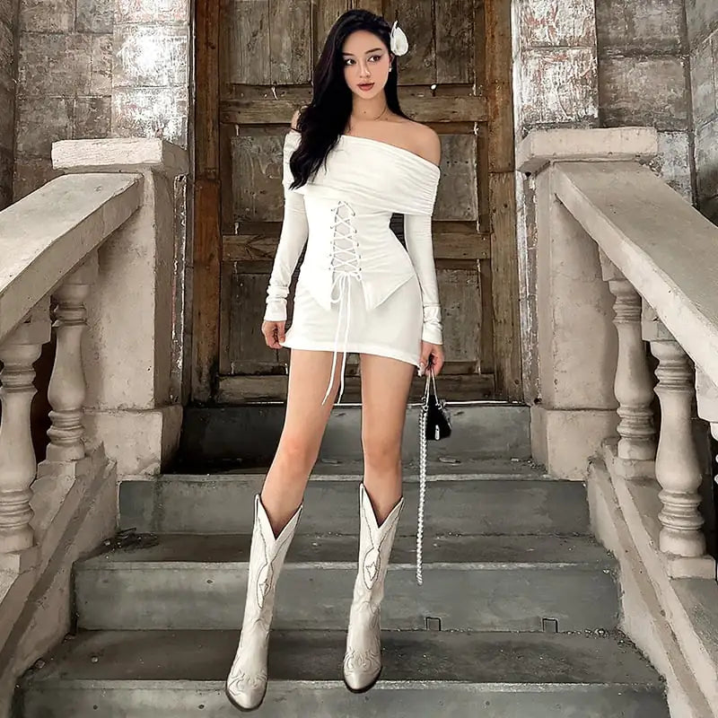 Off-Shoulder Long Sleeve Tied Short Dress for Women