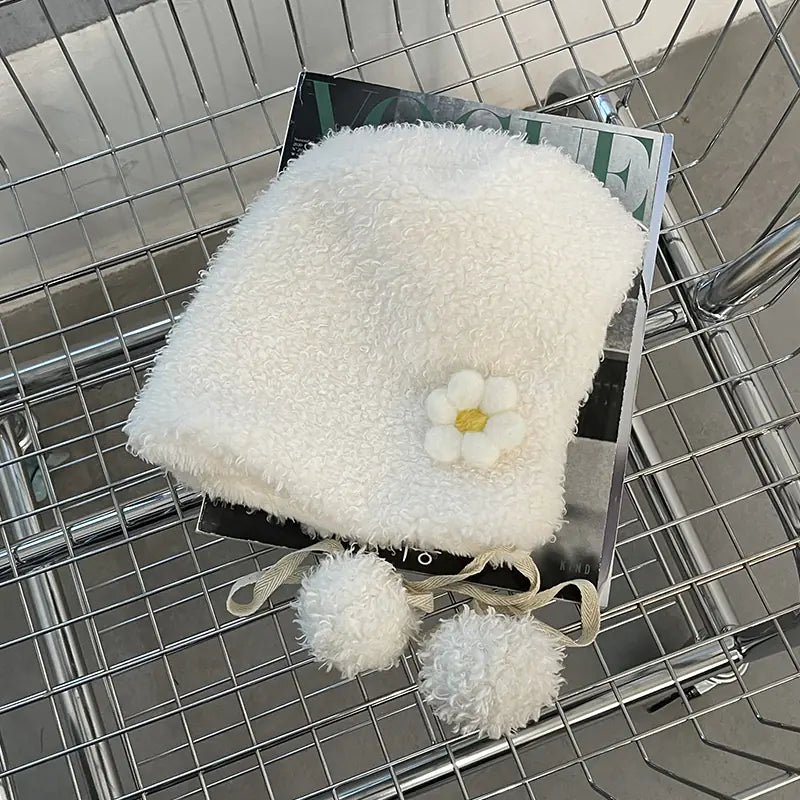 Small Flower Plush Lei Feng Hat for Kids' Warmth