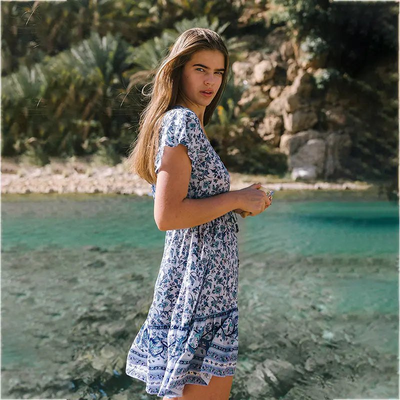 New Spring Summer Bohemian Print V-Neck Dress