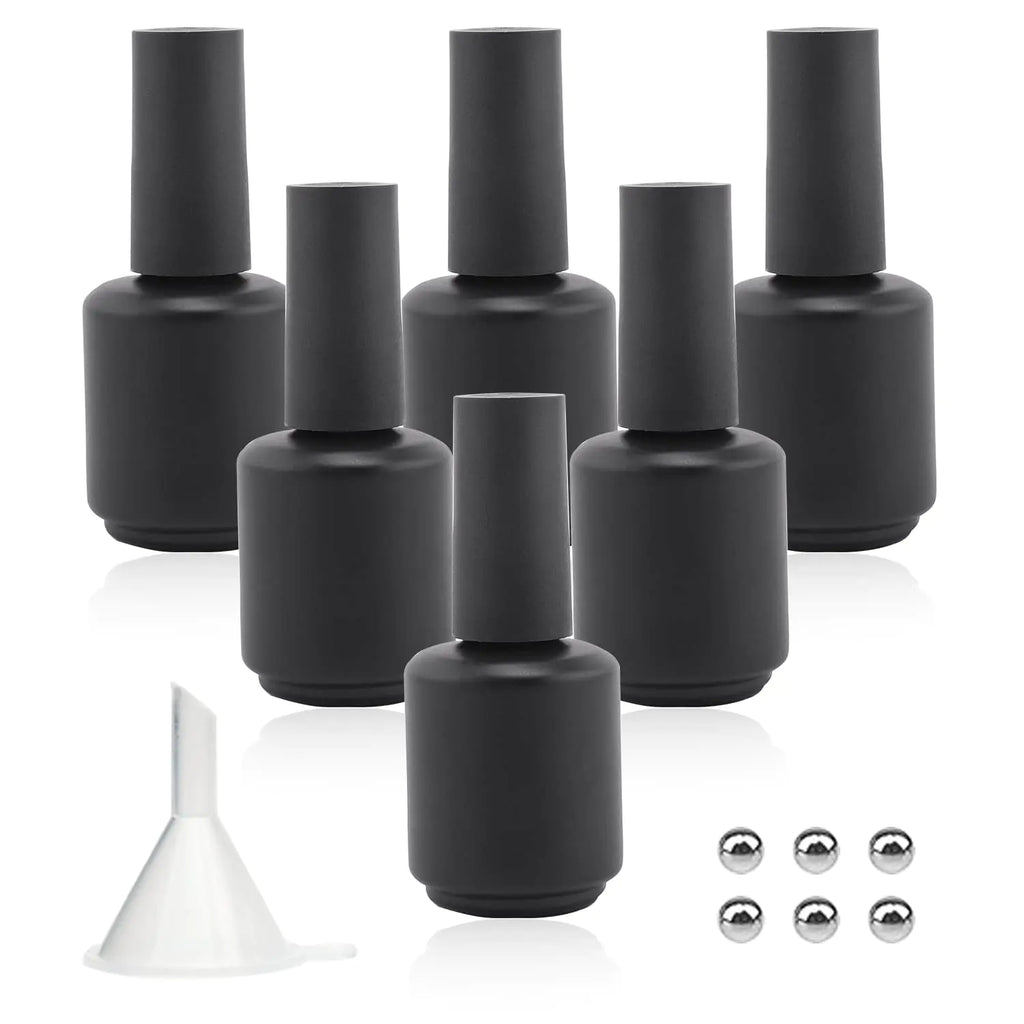 Empty Gel Nail Polish Bottles 15ML Empty Nail Polish Bottles with Brush Matte Black Opaque Round Refillable Fingernail Polish Bottles UV Safe with Mixing Balls & Funnels Pack of 6 (Matte Black)