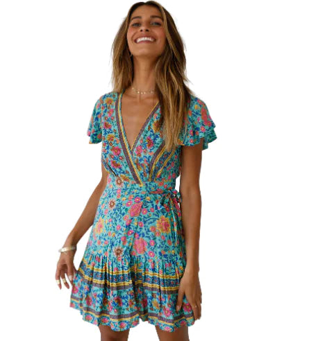 New Spring Summer Bohemian Print V-Neck Dress
