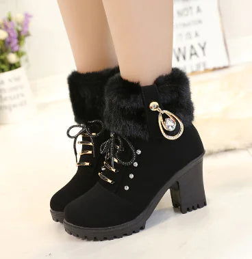 Chunky Heeled Martin Boots with Plush Strap, British Style