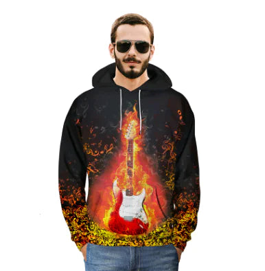 Couple's Hoodie with Creative Flame Guitar Print
