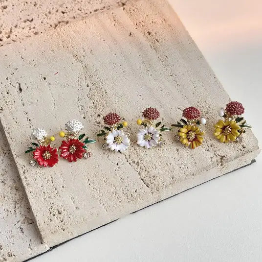 French Vintage Oil Painting Floral 925 Silver Earrings