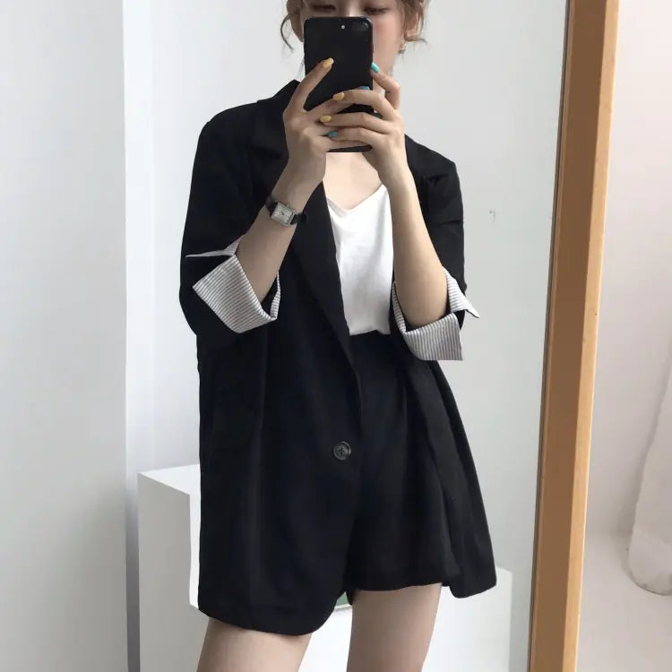 Women's Thin Striped Sleeve Blazer and Shorts Set