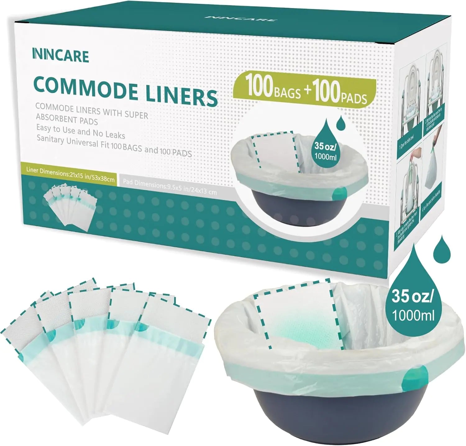 ININCARE Commode Liners with Absorbent Pads，Value Pack 100 Count Universal Fit，Disposable Bedside Commode Liners and Pads for Adult Portable Toilet (100Bags + 100Pads)