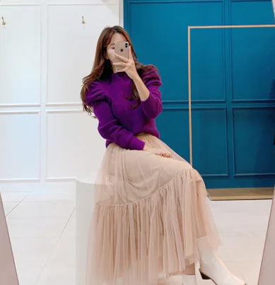 Sweet Puff Sleeve Pleated Knit Top for Women