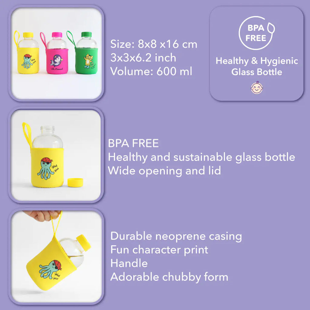 Milk&Moo Sailor Octopus Kids Glass Water Bottles  20 oz, 600 ml