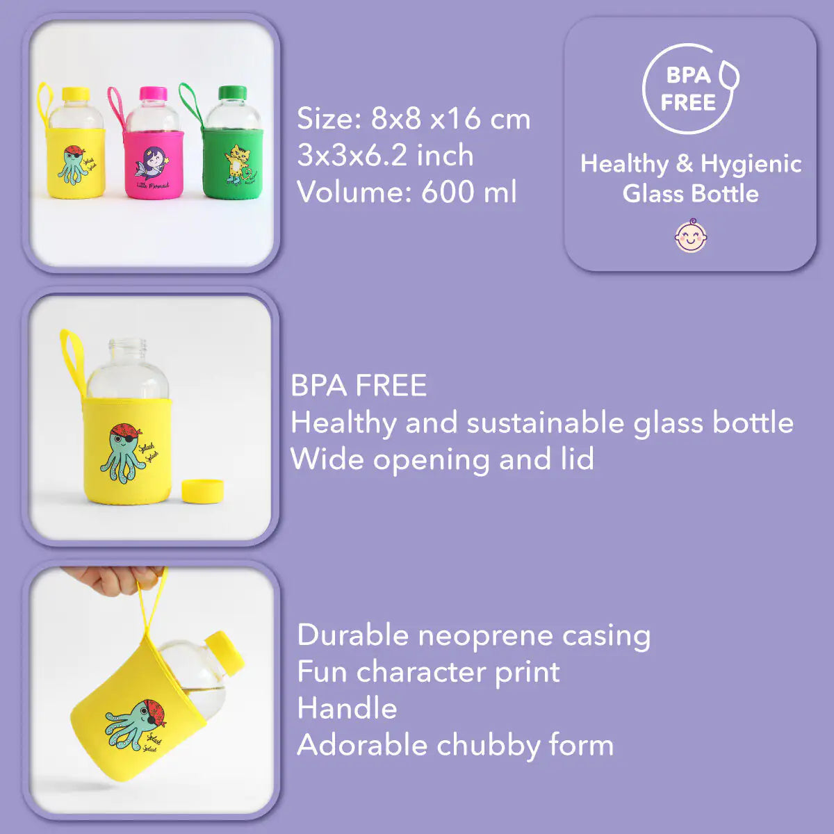 Milk&Moo Sailor Octopus Kids Glass Water Bottles  20 oz, 600 ml