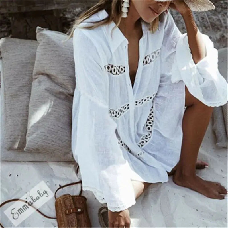 Lace Cutout Vacation Style Shirt and Beach Dress