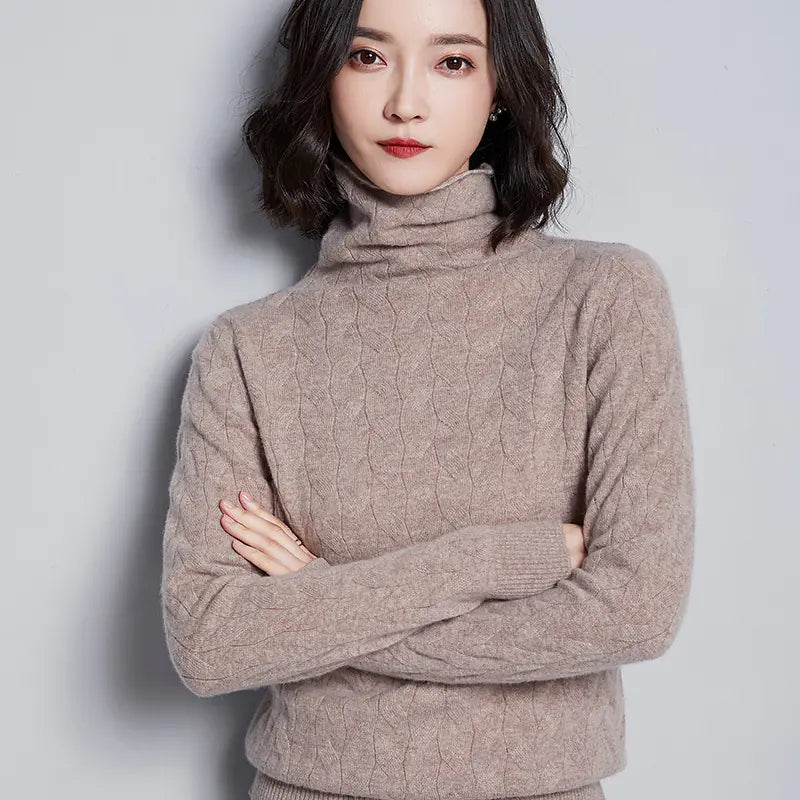 Chunky Neck Cable Knit Sweater for Women, Long Sleeve