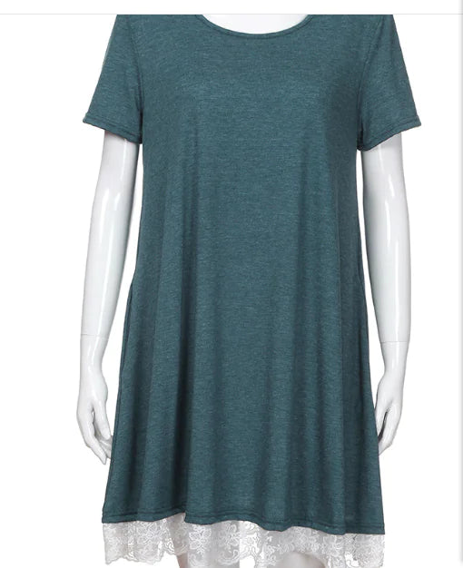 Plus Size Lace Panel Round Neck Short Sleeve Dress