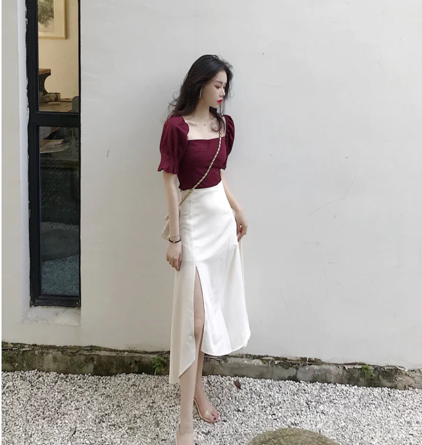 High-Waisted A-Line Skirt with Side Slit and Burgundy Top