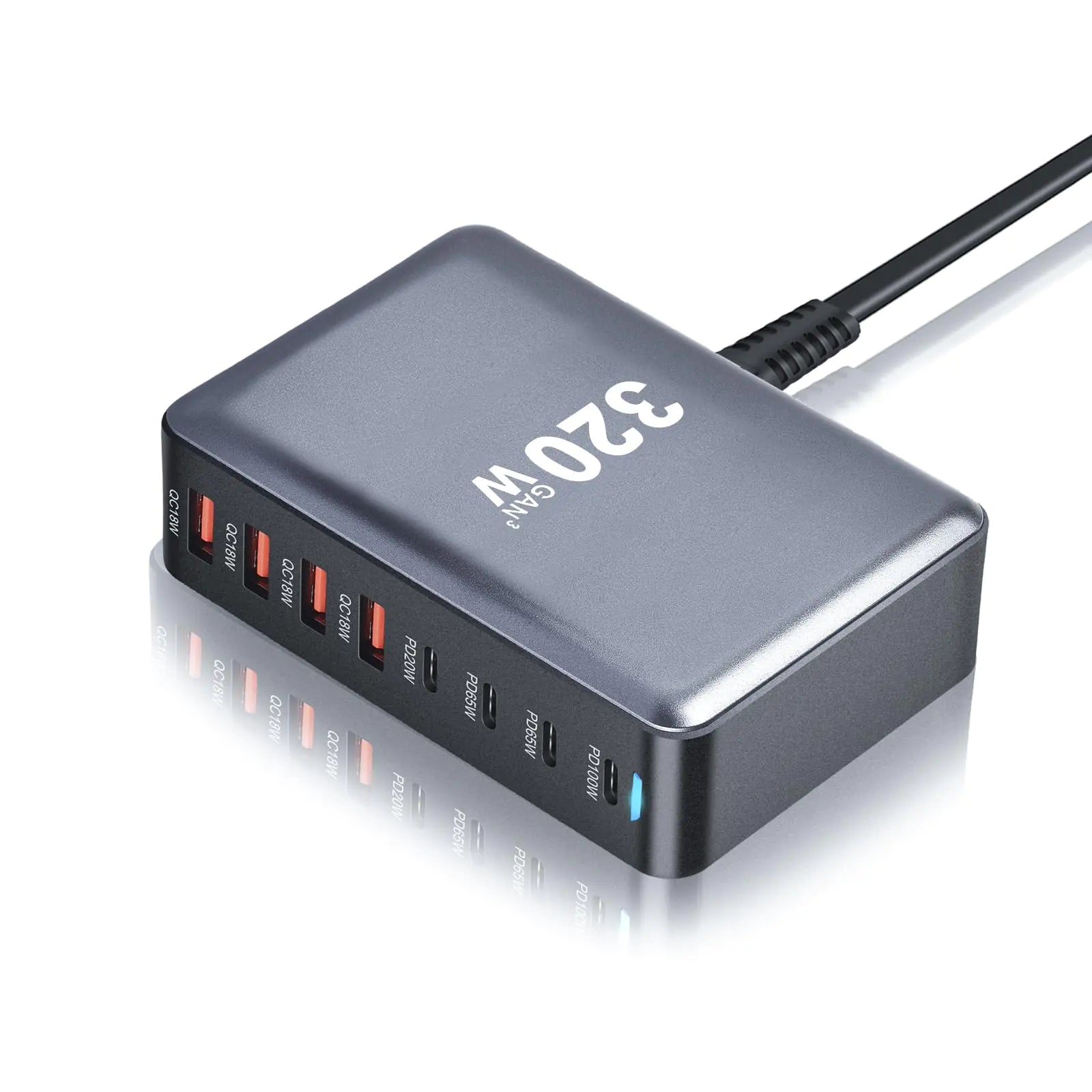 320W GaN III 8 Ports USB C Fast Charging Station Hub Block Portable Wall PD Charger Power Adapter with 4 USB-C + 4 USB-A 100W Port for MacBook Pro/Air iPhone 15 14 13 12 11 Galaxy S24 S23