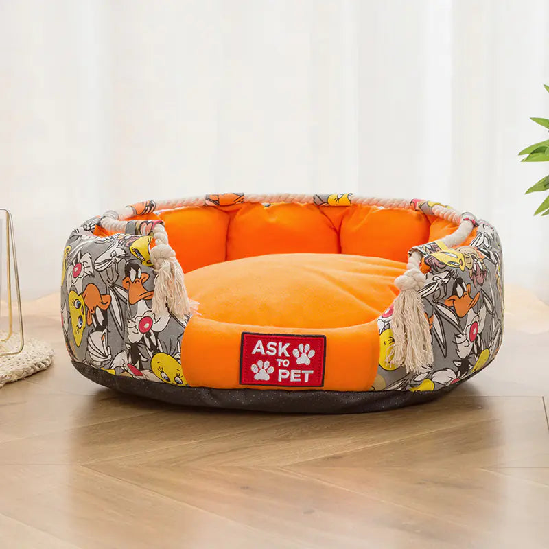 Thick Plush Winter Warm Printed Canvas Pet Nest