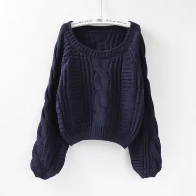 Short Lantern Sleeve Sweater with Round Neck