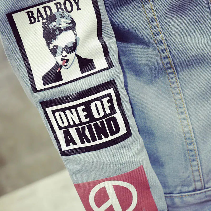 Men's Floral Print Slim Fit Denim Jacket for Youth