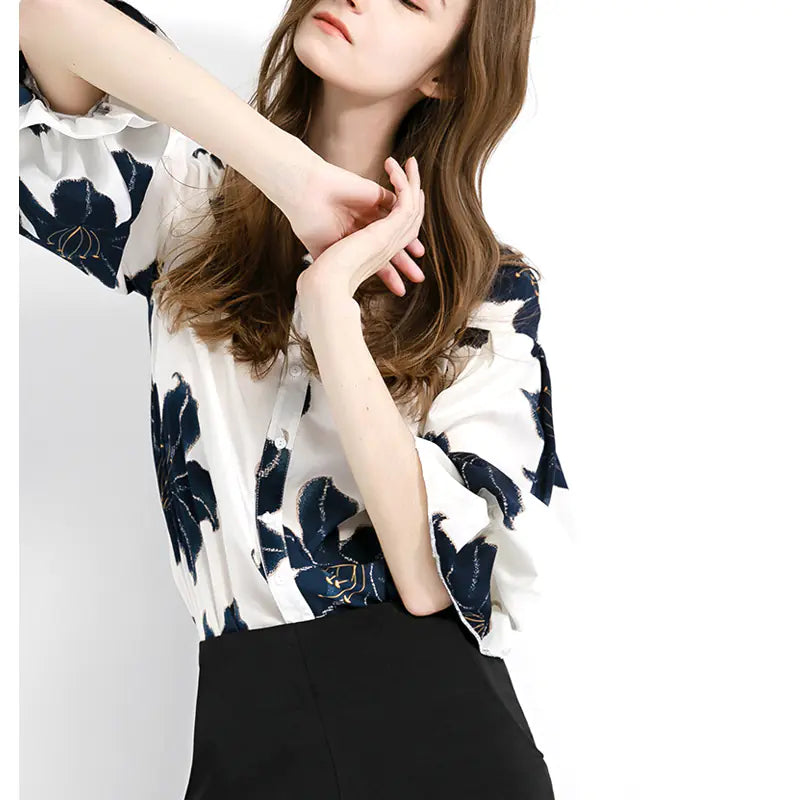 Chiffon Women's Loose 3/4 Sleeve Floral Blouse