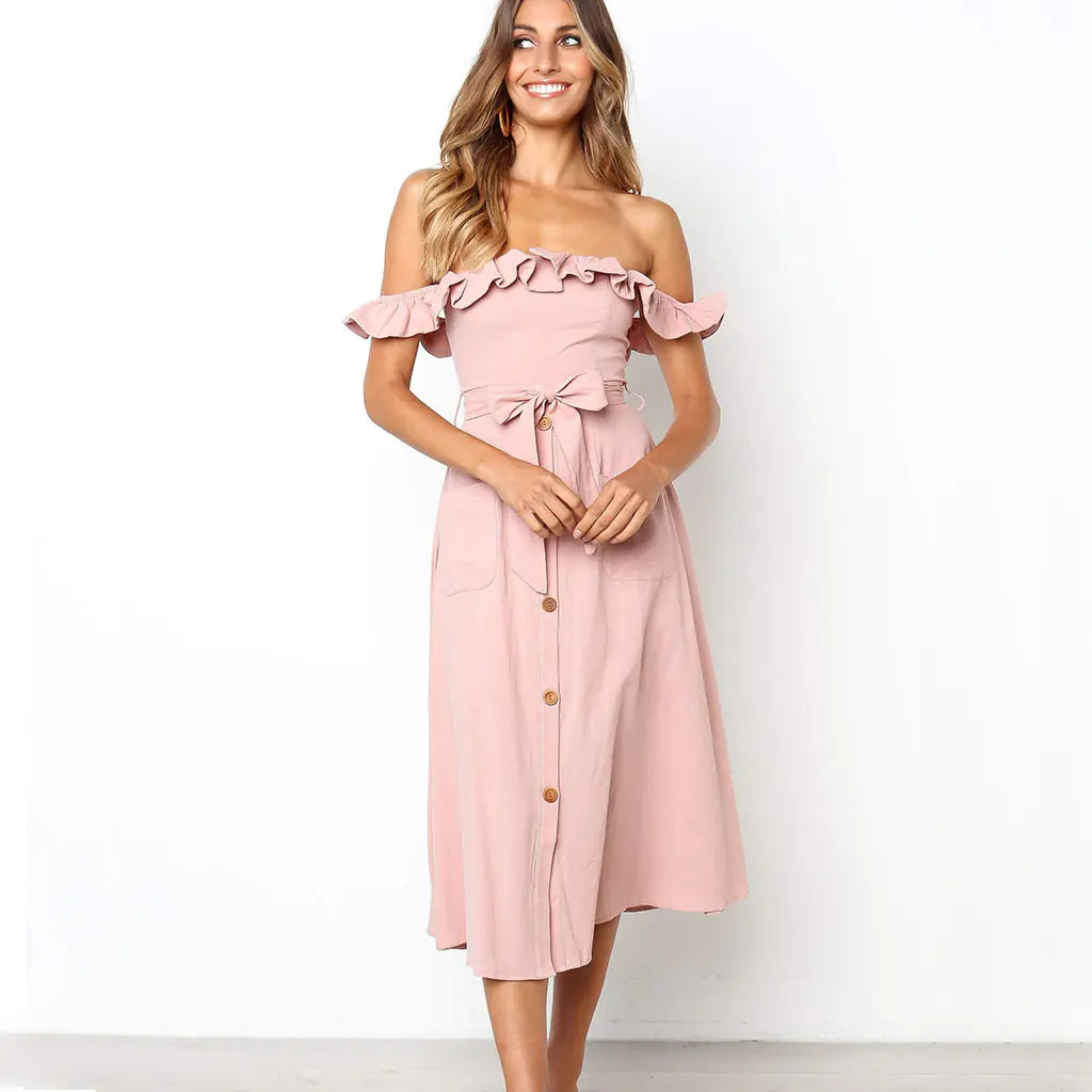 New Casual One-Shoulder Button Dress