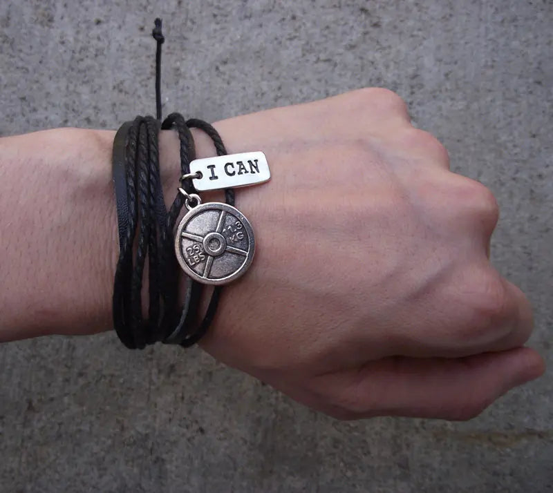 Retro Multi-Layer Leather Bracelet with Dumbbell Charm