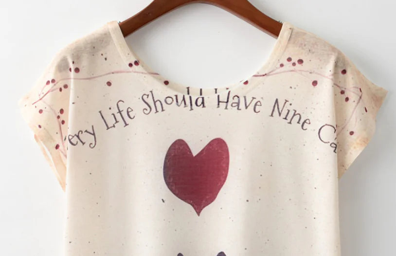 Cat Print Round Neck Short Sleeve T-Shirt