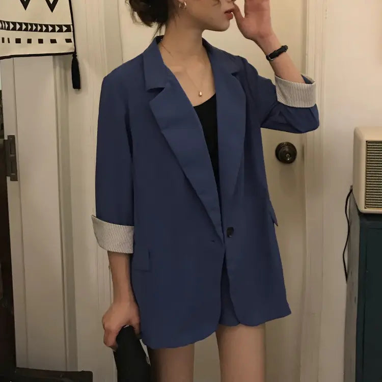 Women's Thin Striped Sleeve Blazer and Shorts Set