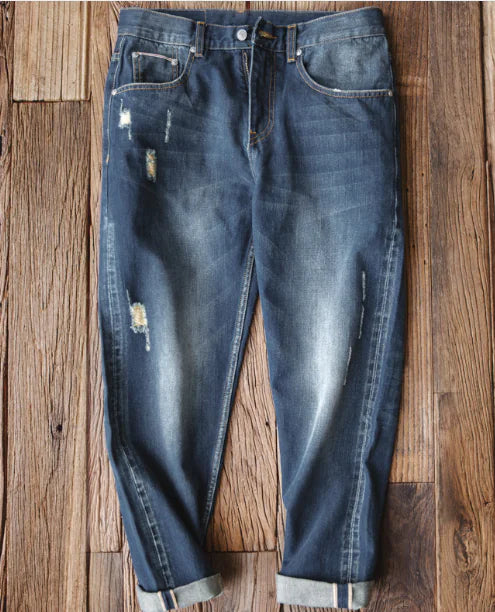 Hand-Stitched Frayed White Men's Straight Long Pants