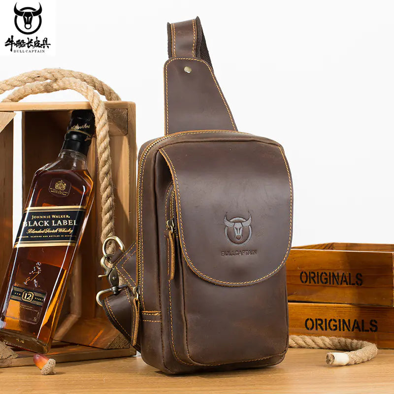 Men's Vintage Leather Chest Bag - Genuine Cowhide for iPad
