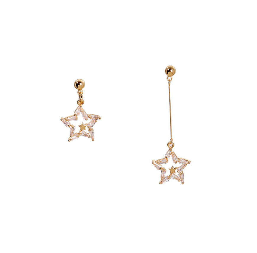 Asymmetrical Star Long Zircon Earrings with S925 Silver