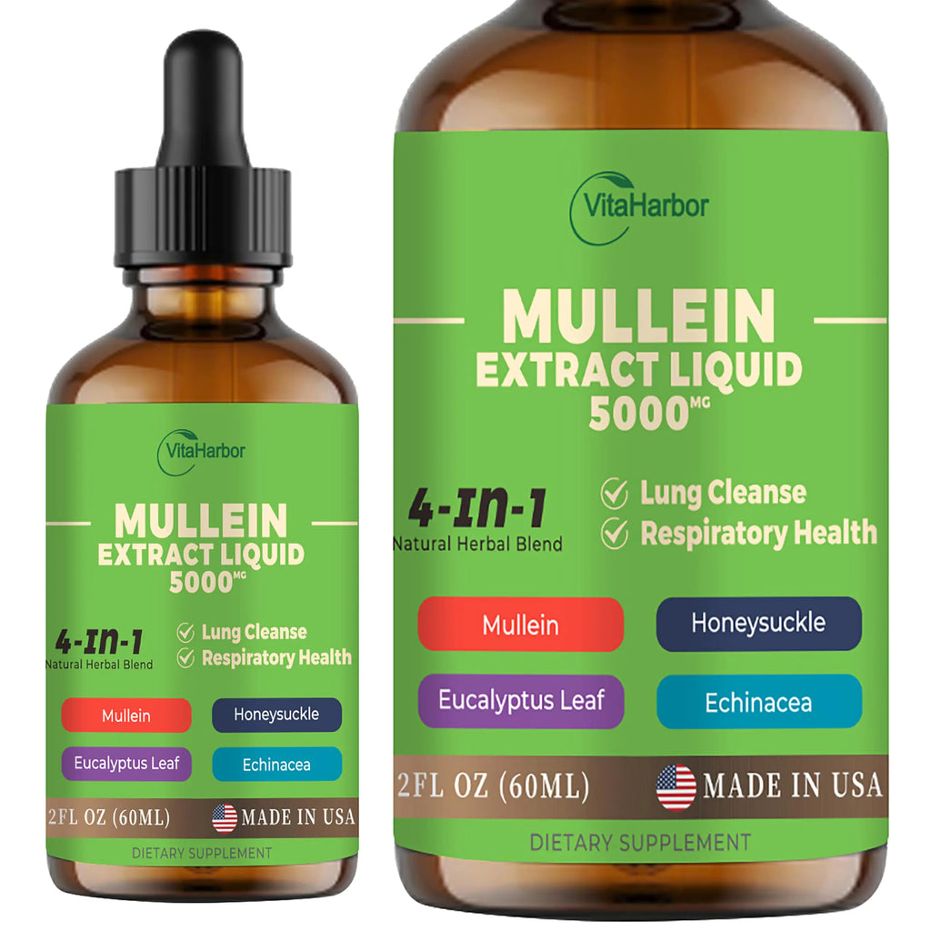 4-in-1 Mullein Drops for Lungs Organic Mullein Leaf & Honeysuckle & Eucalyptus Leaf & Echinacea Extracts for Lung Cleanse Immune & Respiratory Support Sugar-Free | Non-GMO | Vegan 2 Fl oz