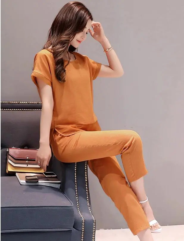 Cotton-Linen Set with Short Sleeve Top and Pants