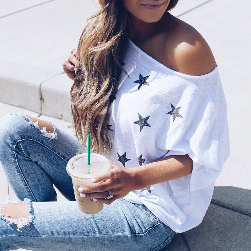 Loose Fit Star Print Off-Shoulder T-Shirt for Women