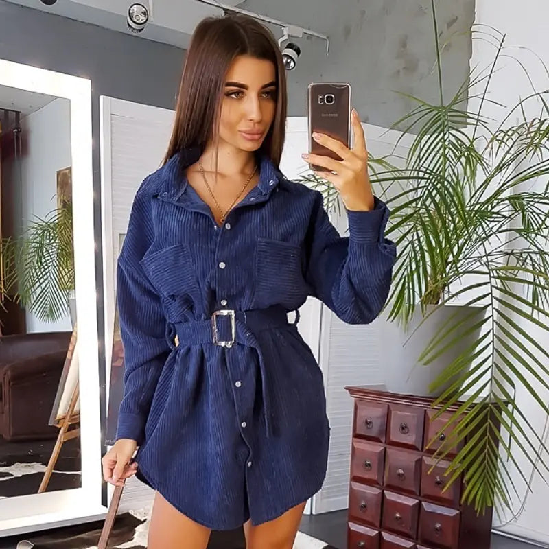 Corduroy Long Sleeve Midi Dress with Asymmetrical Hem