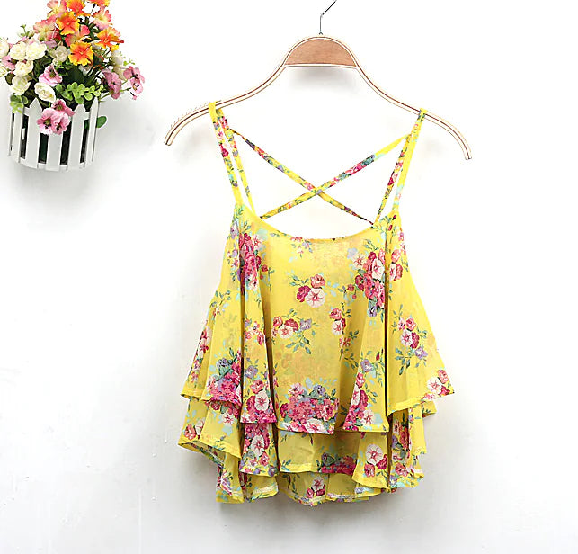 Vintage Floral Cami Top, Sleeveless Off-Shoulder Tank