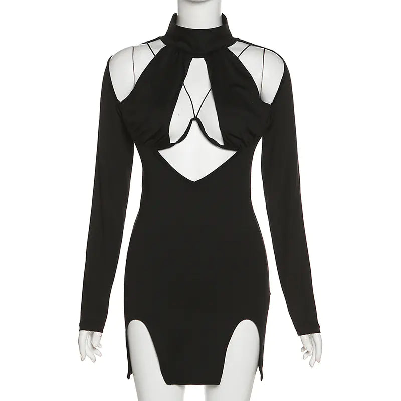 Slimming Long Sleeve Solid Color Dress