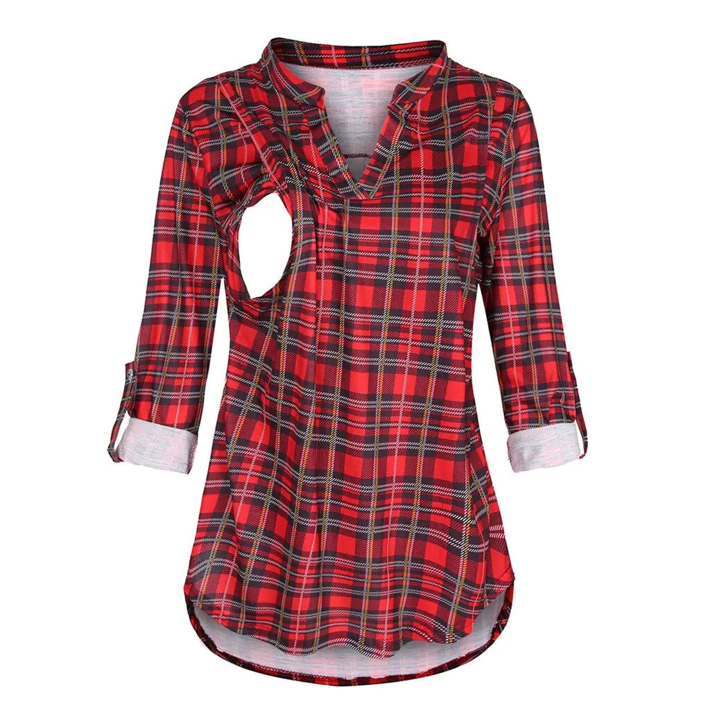 Plaid Print Long Sleeve Nursing Top for Mothers