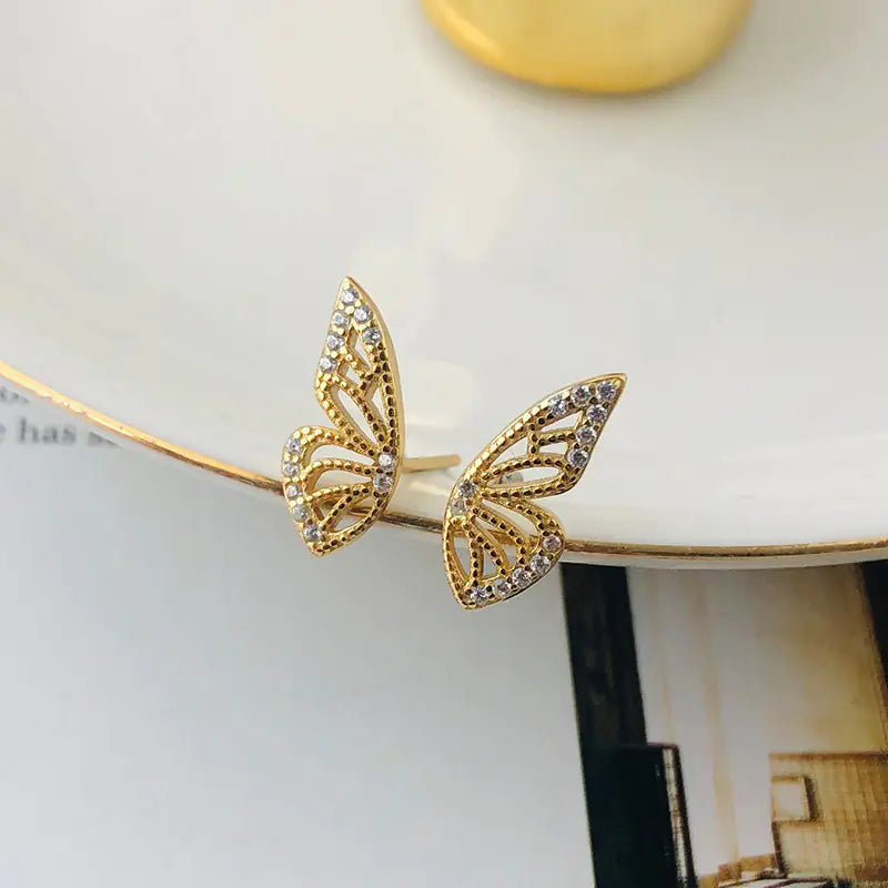 S925 Silver Butterfly Wing Earrings with Diamonds