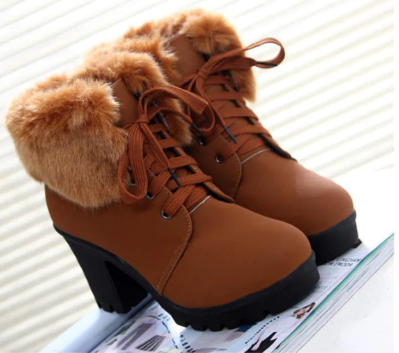 Chunky Heeled Martin Boots with Plush Strap, British Style