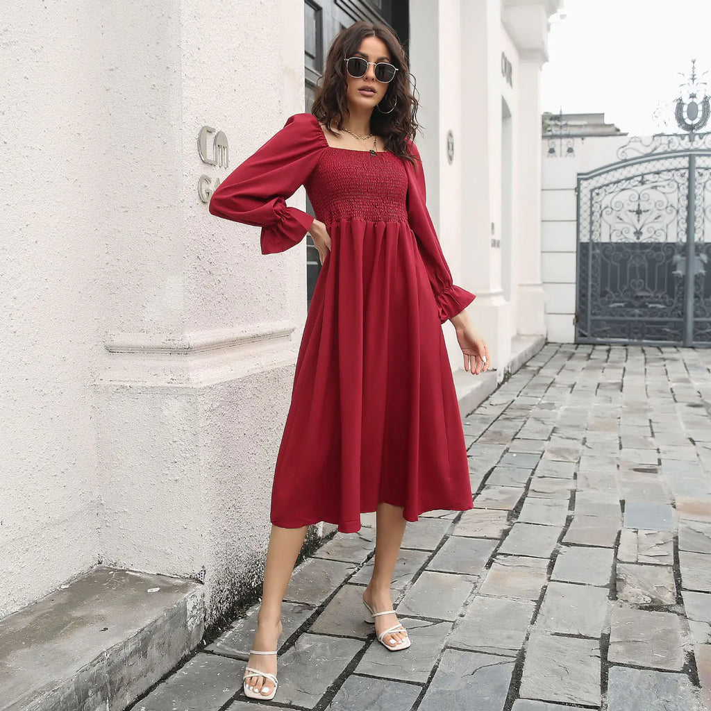 Pleated Dress with Flared Sleeve T-Neck Design
