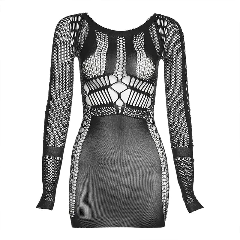 Slim Fit Long Sleeve Fishnet Sheath Dress