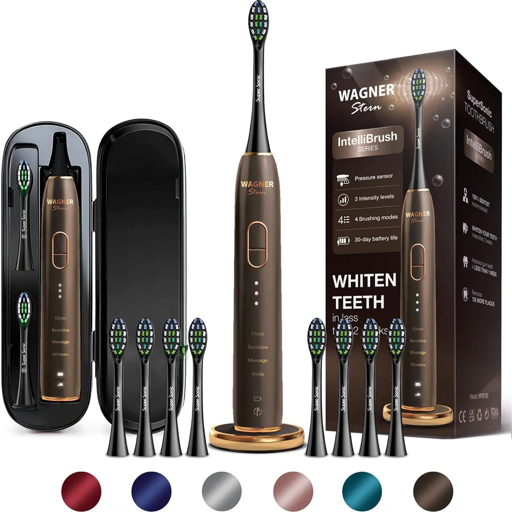 Wagner Stern IntelliBrush Series Whitening Electric Toothbrush with Pressure Sensor. Offers 4 Brushing Modes 3 intensities 8 Soft Brush Heads and a Luxury Travel case.
