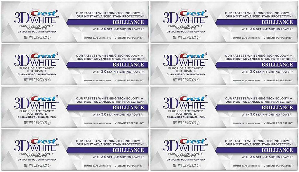 Crest 3D White Brilliance Whitening Toothpaste Vibrant Peppermint Travel Size TSA Approved 0.85 Ounce (Pack of 8)