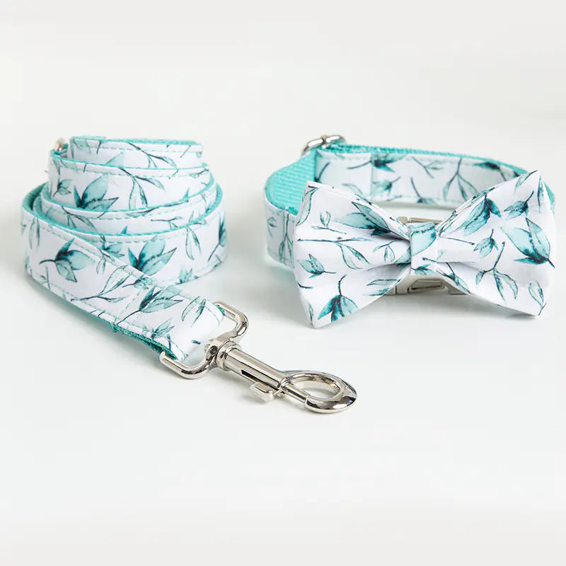 Dog and Cat Collar Set with Bowtie and Tropical Leaves