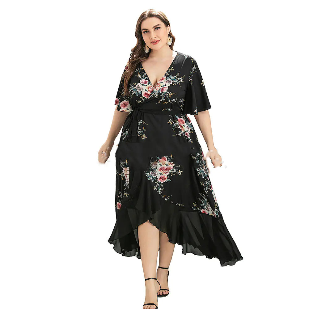 Plus Size Women's V-Neck Dress with Print